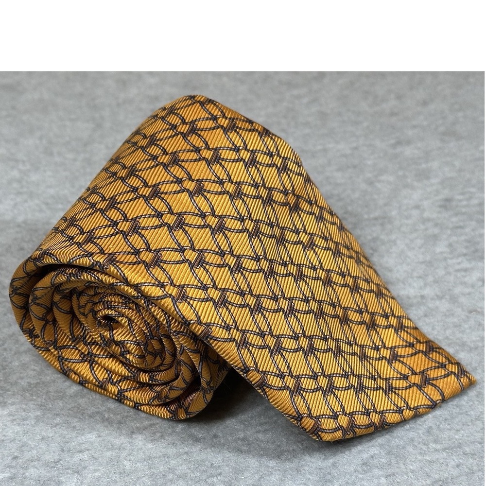 Brooks Brothers Makers Tie‎ Gold Silver Pure Silk Chain Bit Print USA 60x3.75